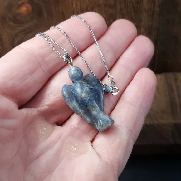 18 Inch Sterling Silver Carved Sodalite Stone Angel Pendant Necklace - Picture 3 of 7